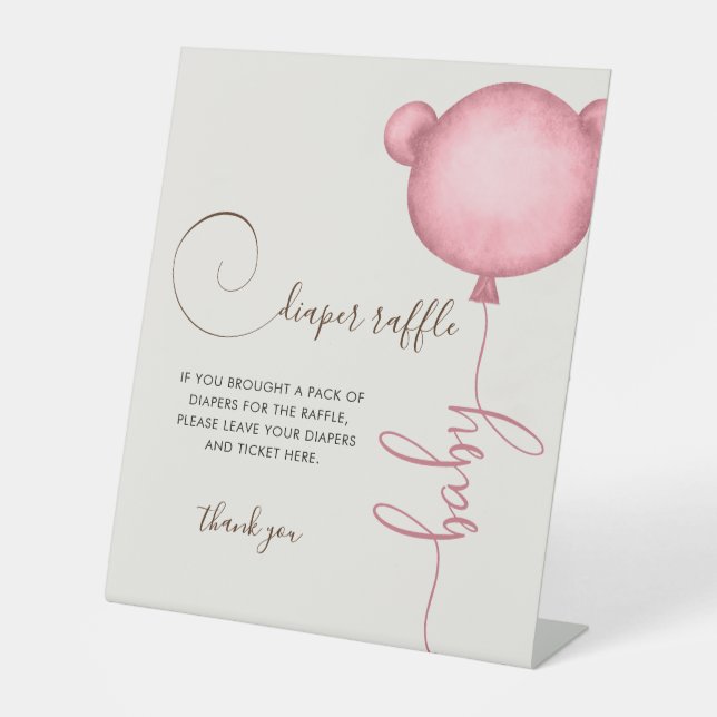 Pink Diaper Raffle Balloon Bear Pedestal Sign (Front)