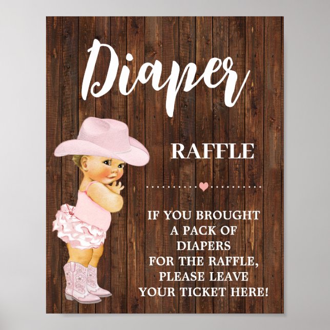 Pink Diaper Raffle Cowgirl Baby Shower Sign (Front)