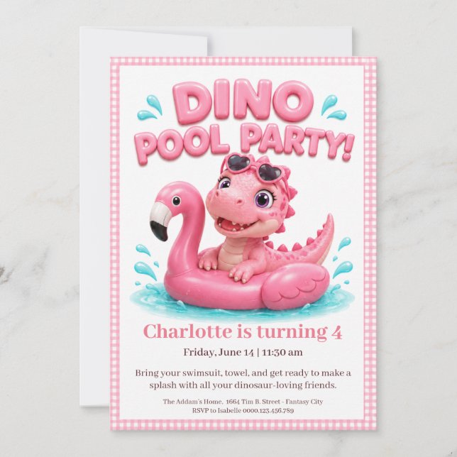 Pink Dino-Mite Birthday Pool Party Invitation (Front)