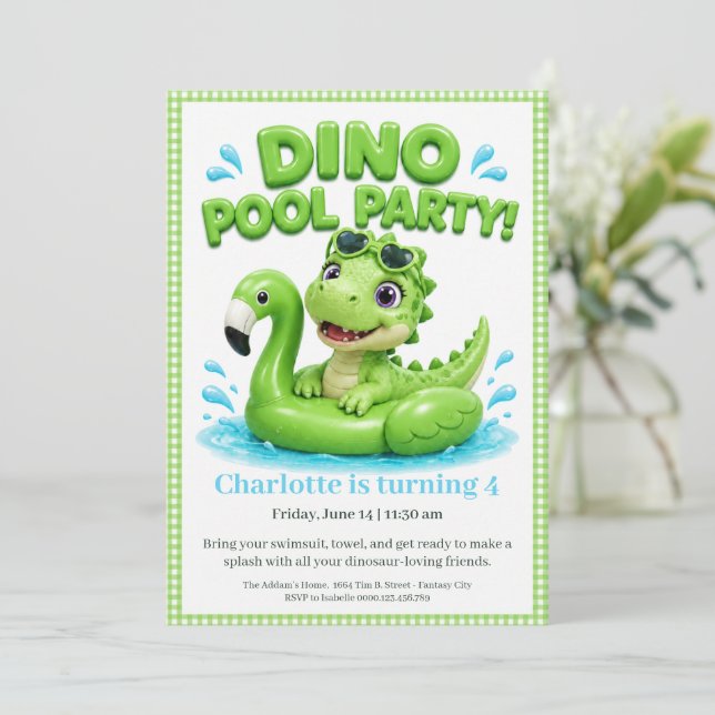 Pink Dino-Mite Birthday Pool Party Invitation (Standing Front)