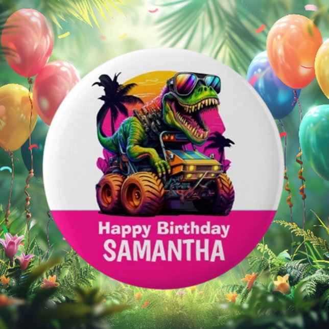 PINK Dino-Mite MONSTER TRUCK Birthday Party 6 Cm Round Badge (Celebrate in style with our PINK Dino-Mite MONSTER TRUCK Birthday Party Button!)