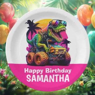 PINK Dino-Mite MONSTER TRUCK Birthday Party Paper Plate