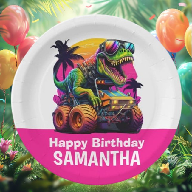 PINK Dino-Mite MONSTER TRUCK Birthday Party Paper Plate (Celebrate your little one's birthday in style with our PINK Dino-Mite MONSTER TRUCK )