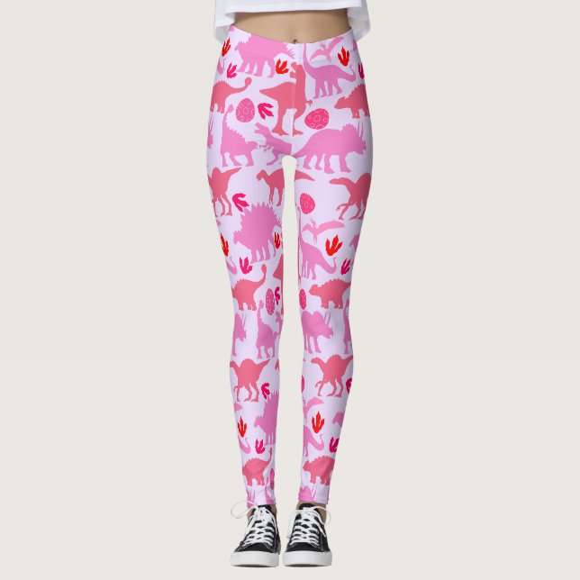 Pink Dino Pattern L Purple BG Leggings (Front)