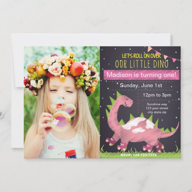 Pink Dino Skate Birthday invitation with Photo (Front)