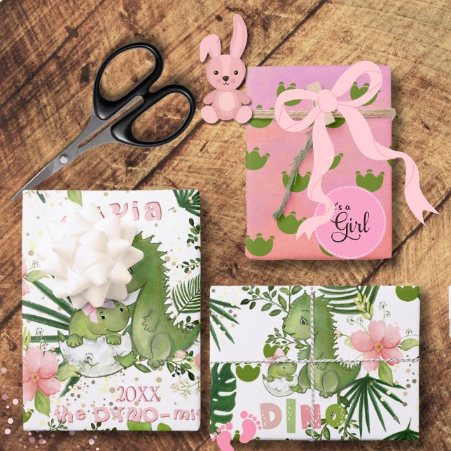 Pink Dino & Tropical Leaves Custom Gift Wrap (Pink Dino & Tropical Leaves Custom Gift Wrap)