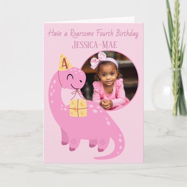 Pink Dinosaur 4th Birthday Card (Front)