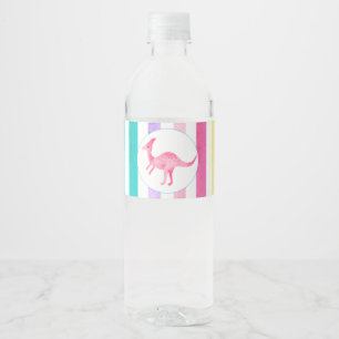 Pink Dinosaur and pastel stripes Water Bottle Label