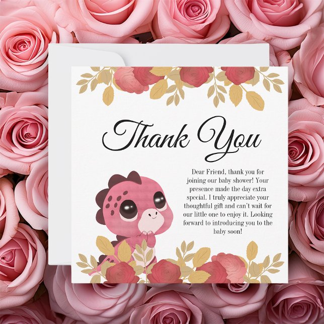 Pink Dinosaur and Rose Baby Shower Thank You Card (pink dinosaur cartoon themed thank you card on top of roses)