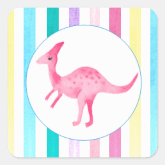 Pink Dinosaur and stripes Square Sticker (Front)