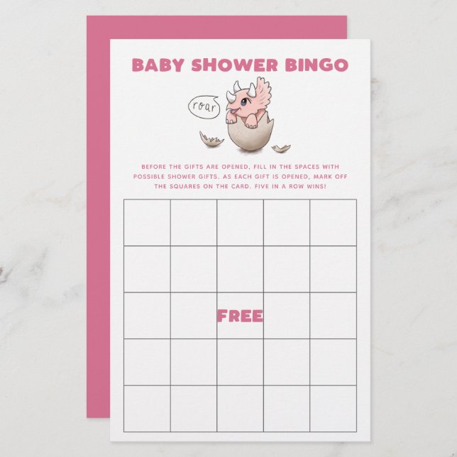 Pink Dinosaur Baby Shower Bingo Game (Front/Back)