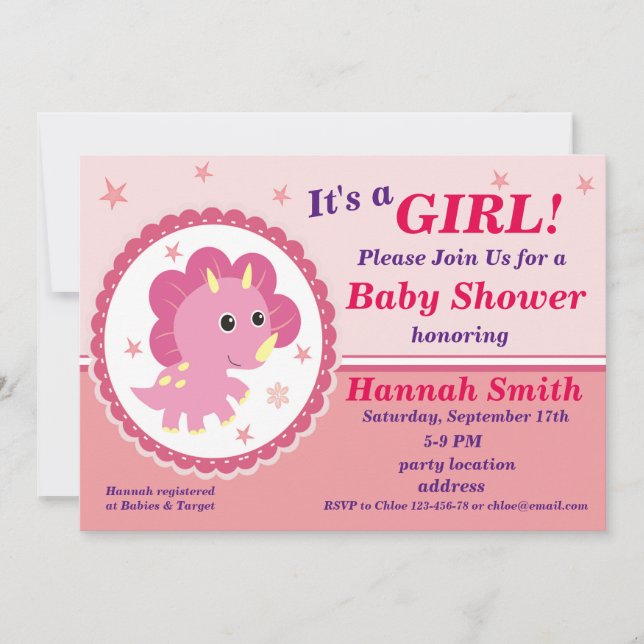 Pink dinosaur baby shower invitation (Front)
