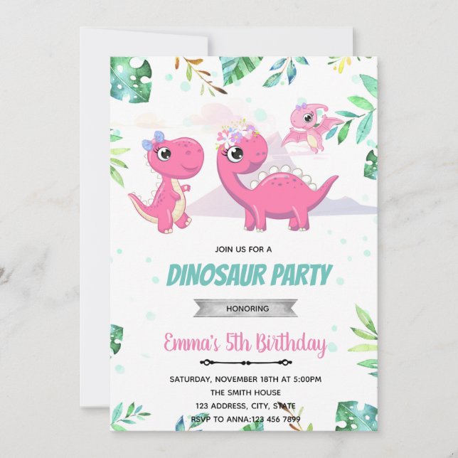 Pink Dinosaur baby shower invitation (Front)