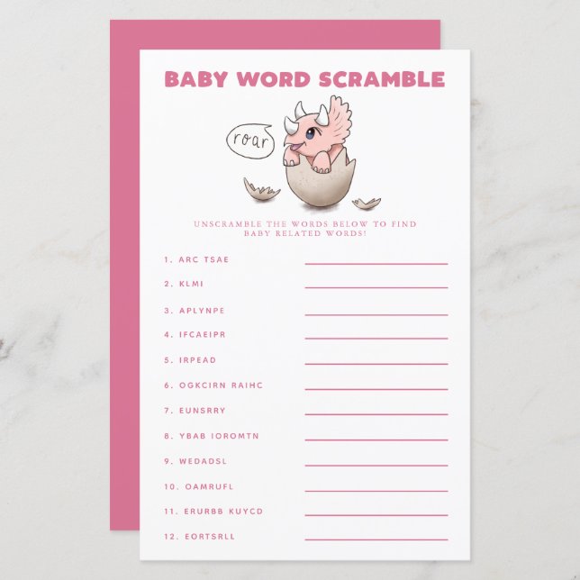 Pink Dinosaur Baby Word Scramble Game  (Front/Back)