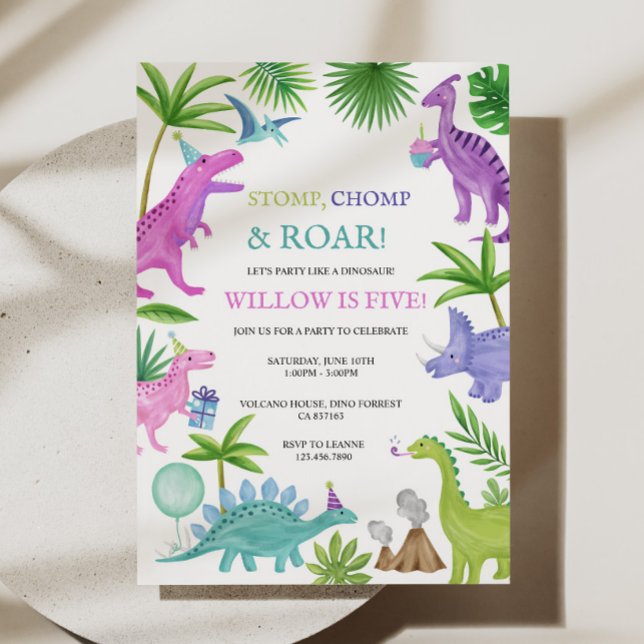 Pink Dinosaur Birthday Invitation (Creator Uploaded)