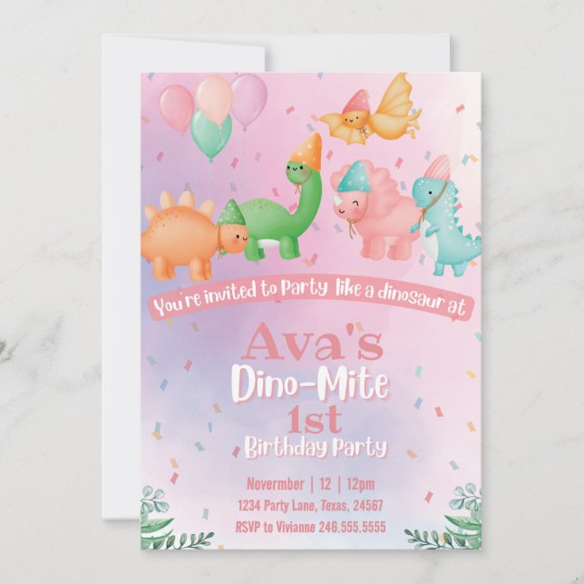 Pink Dinosaur Birthday Invitation (Front)