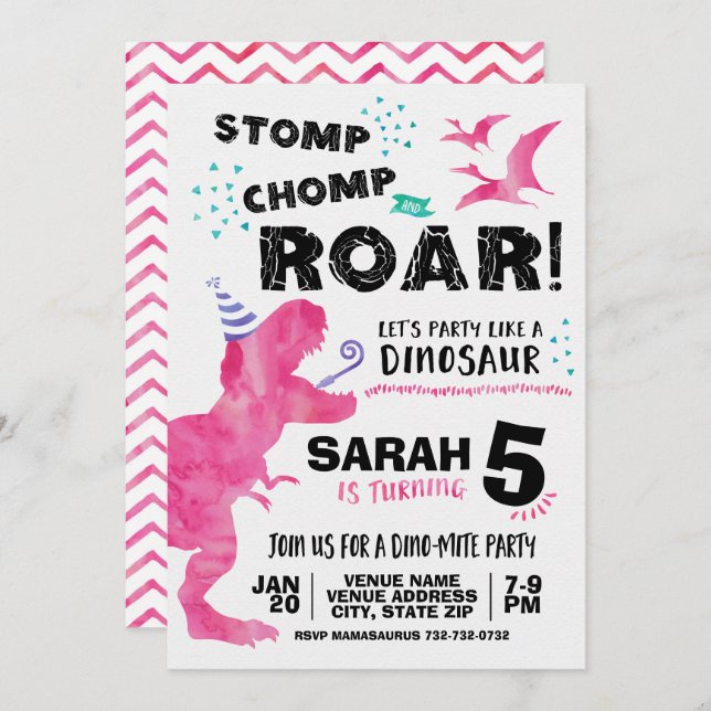 Pink Dinosaur Birthday Invitation (Front/Back)
