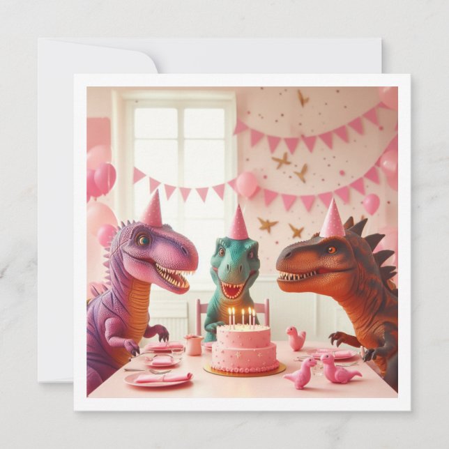 Pink dinosaur birthday invite, dinosaur invitation (Front)