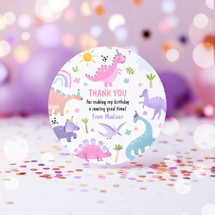 Pink Dinosaur Birthday Party Favour Classic Round Sticker