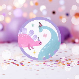 Pink Dinosaur Birthday Party Favours Classic Round Sticker