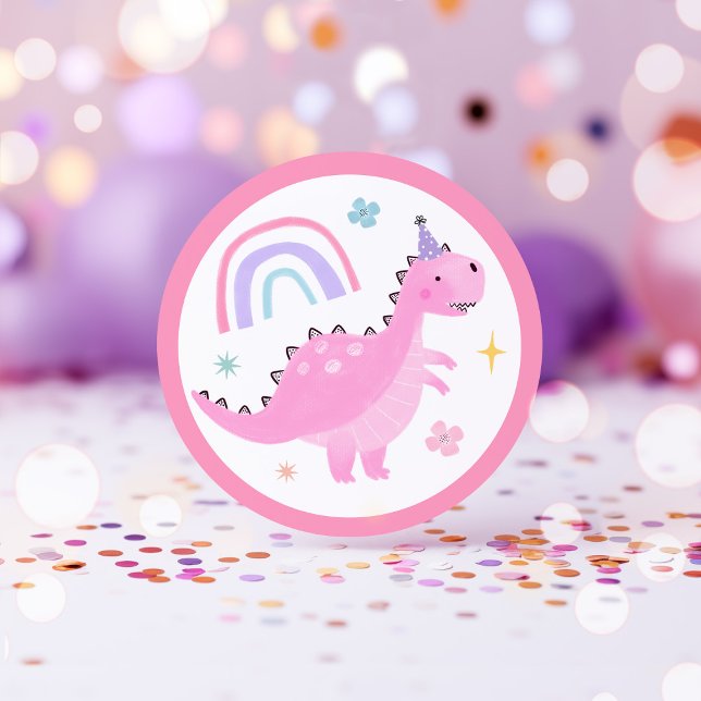 Pink Dinosaur Birthday Party Favours Classic Round Sticker (Creator Uploaded)
