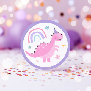 Pink Dinosaur Birthday Party Favours Classic Round Sticker