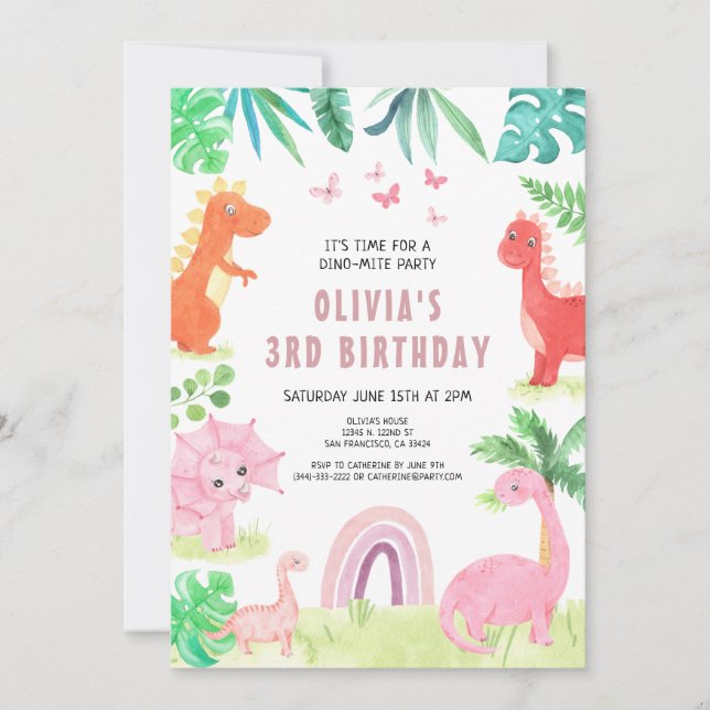Pink Dinosaur Birthday Party Girl Kids Dino Invitation (Front)