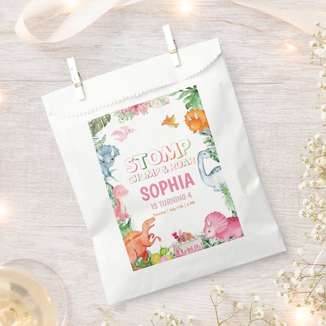 Pink Dinosaur Birthday Party, Girls Dinosaur party Favour Bags (Clipped)