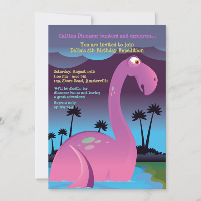 Pink Dinosaur Birthday Party Invitation (Front)