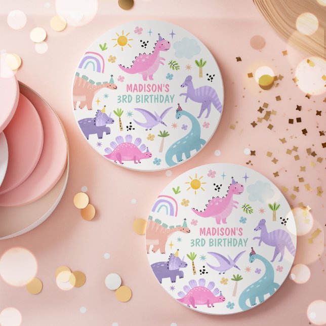 Pink Dinosaur Birthday Party  Round Paper Coaster (Creator Uploaded)
