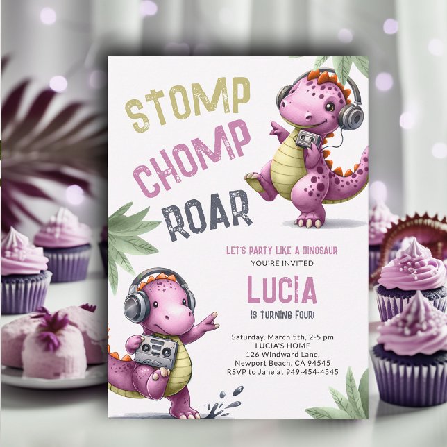 Pink Dinosaur Dance Stomp Chomp Roar Girl Birthday Invitation (Dinosaur girl birthday invitation dino stomp chomp roar pre historic jungle dance dancing party pink)