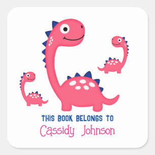 Pink dinosaur family girl's name bookplate square sticker