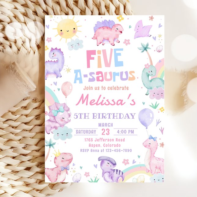 Pink Dinosaur Five A-Saurus Birthday Party Invitation (Creator Uploaded)