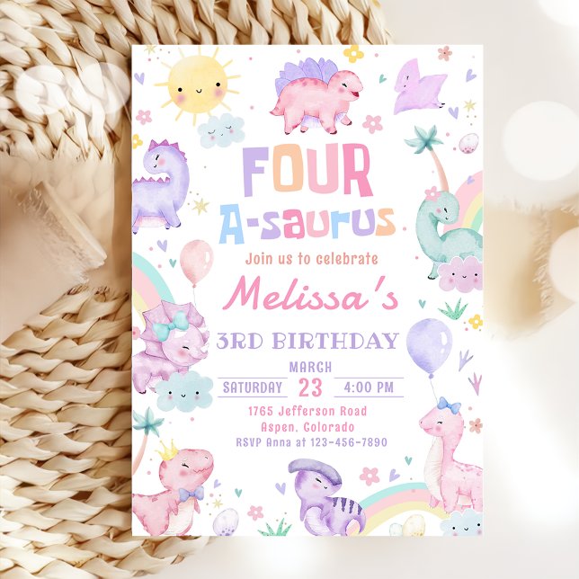 Pink Dinosaur Four A-Saurus Birthday Party Invitation (Creator Uploaded)