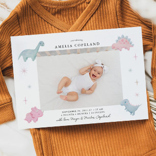 Pink Dinosaur Girl Baby Photo Birth Announcement