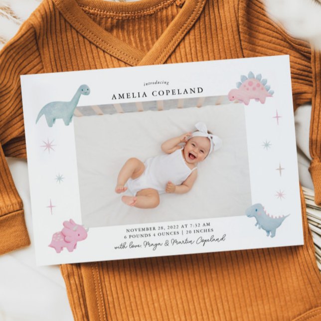 Pink Dinosaur Girl Baby Photo Birth Announcement (Creator Uploaded)