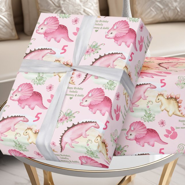 Pink Dinosaur Girl Birthday Custom Name Number Wrapping Paper (Pink Dinosaur Girl Birthday Custom Name Number Wrapping Paper)
