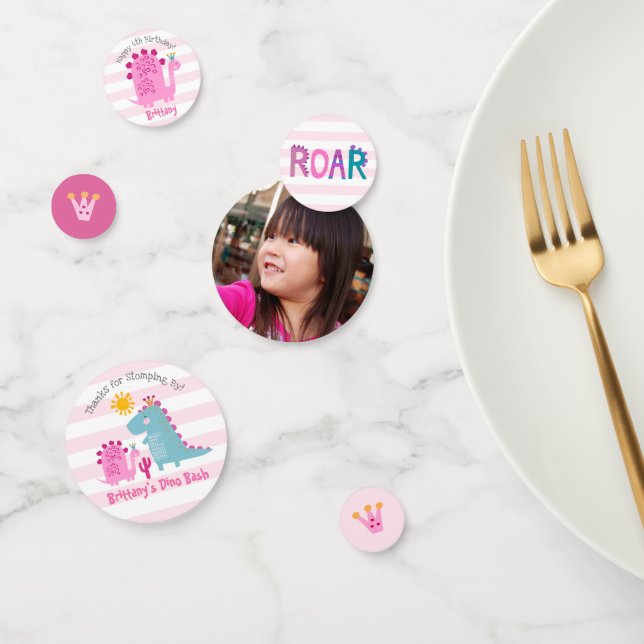Pink Dinosaur Girl Birthday Photo Name Cute Kawaii Confetti (Group)