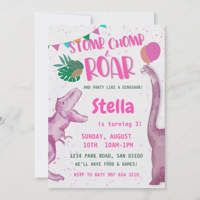 Pink Dinosaur Girl  Invitation (Front)