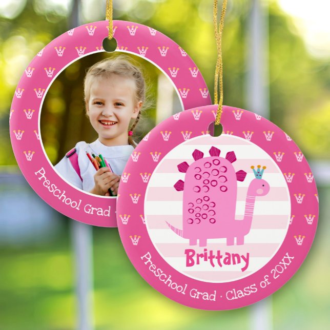 Pink Dinosaur Girl Preschool Graduation Keepsake Ceramic Tree Decoration (Creator Uploaded)