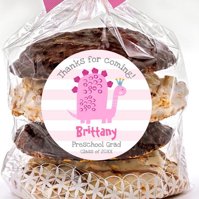 Pink Dinosaur Girl Preschool Graduation Thank You Classic Round Sticker (Creator Uploaded)