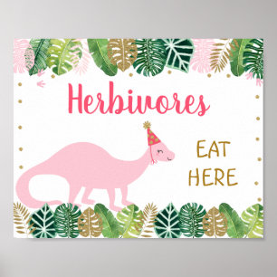 Pink Dinosaur Herbivores Birthday Food Table Sign