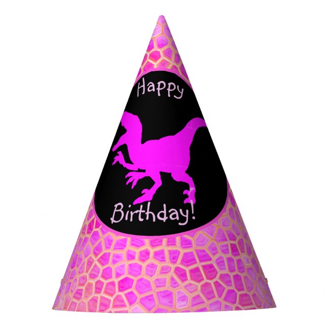 Pink Dinosaur Hide Happy Birthday!  Party Hat (Front)