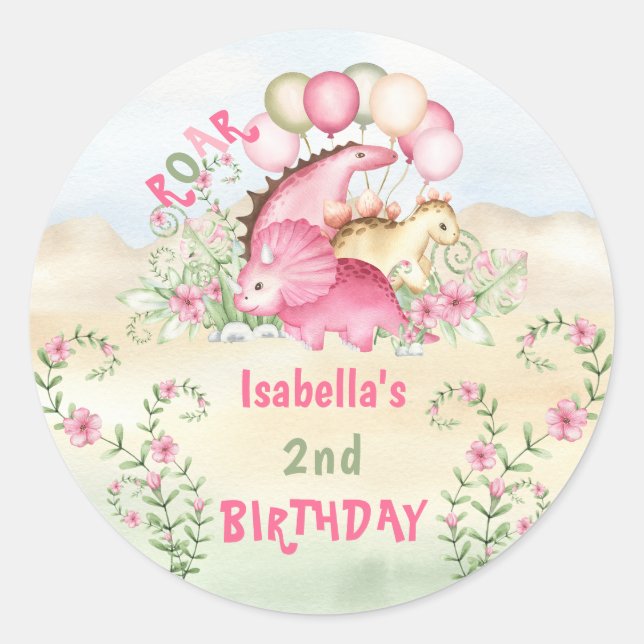 Pink Dinosaur Little Girl Pastel Cute Birthday Classic Round Sticker (Front)