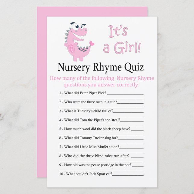 Pink Dinosaur Nursery Rhyme Quiz baby shower game (Front/Back)