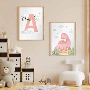 Pink Dinosaur Nursery Wall Art Set of 2 Print Set