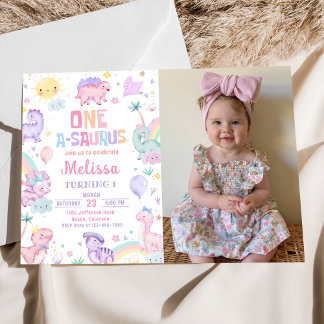 Pink Dinosaur One-A-Saurus 1st Birthday Photo Invitation