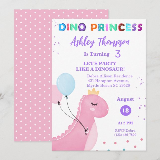  Pink Dinosaur Princess Girls TRex Birthday Party  Invitation (Front/Back)
