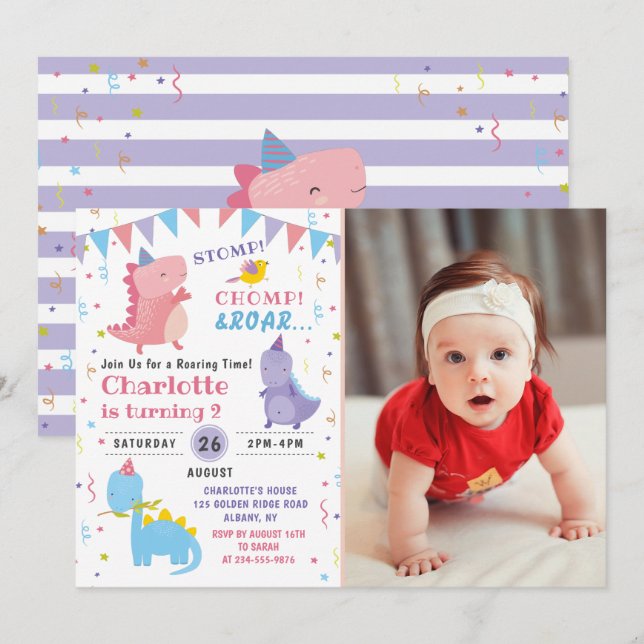 Pink Dinosaur Roar Birthday Girls Dino Party Photo Invitation (Front/Back)