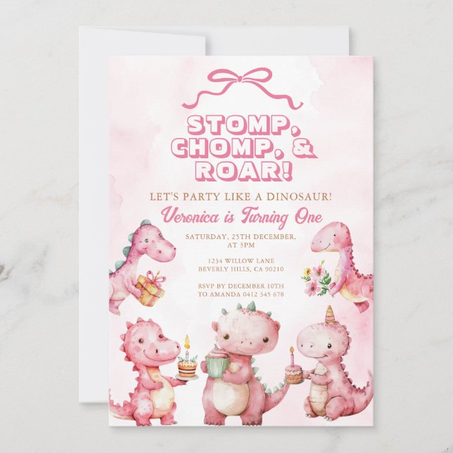 Pink Dinosaur Stomp Chomp Roar 1st Birthday  Invitation (Front)
